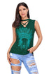 Green Crisscross V Neck Printed Sleeveless Choker Tank Tops